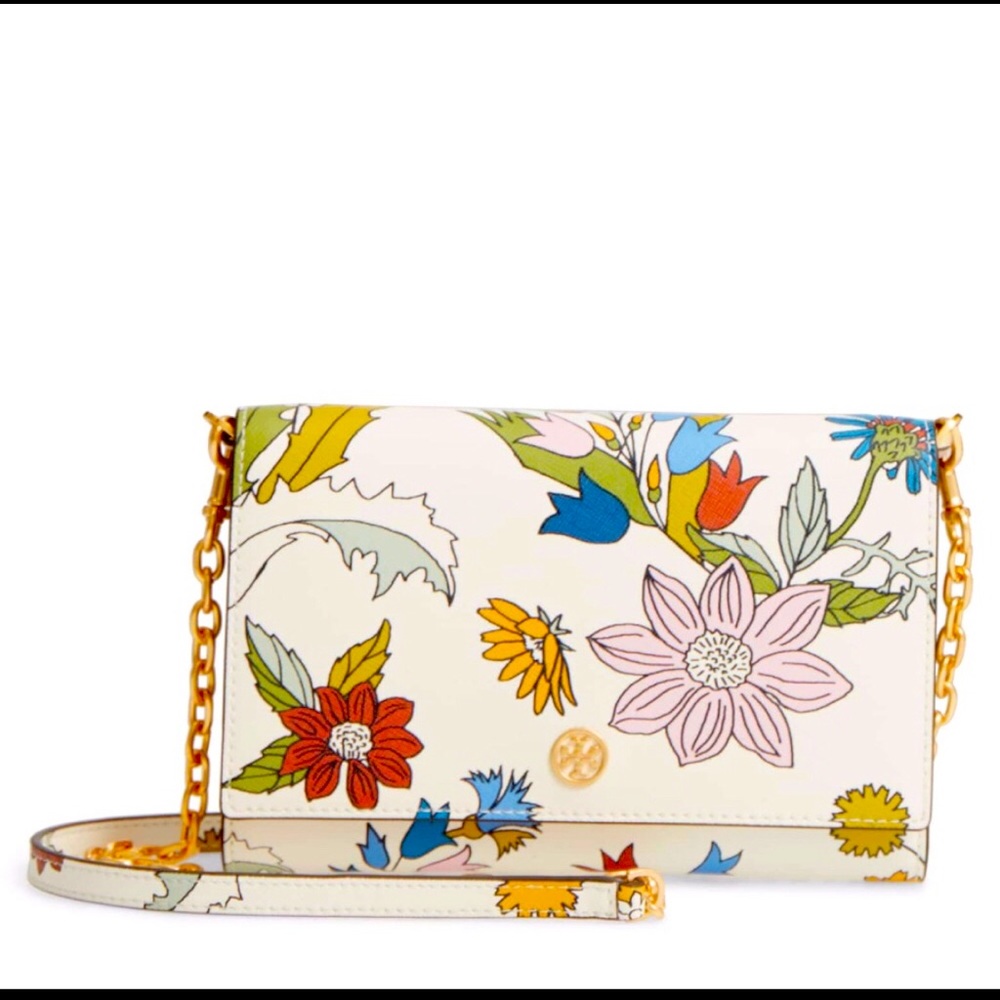 Tory Burch Robinson Floral Leather Wallet Chain.